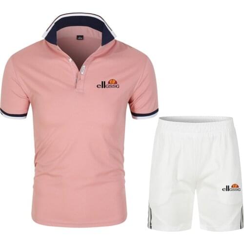 Summer Mens Breathable Suit Business Casual Classic Formal Polo Shirt Short Sleeve + Tie Rope Sports Shorts Two-piece Solid