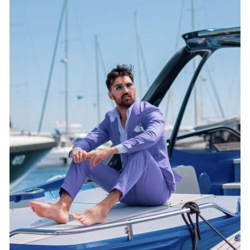 Summer Beach Light Purple Costume Homme Men Suits Slim Fit Tuxedo Wedding Groom Terno Masculino Blazer 2 Pieces Jacket+Pant