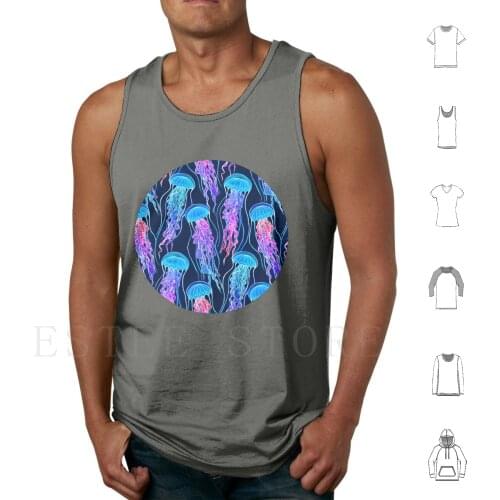 Luminescent Rainbow Jellyfish On Navy Blue Tank Tops Vest Jellyfish Ocean Creature Creatures Sea Deep Blue Navy Purple