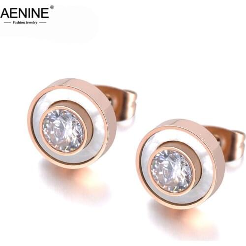 AENINE Trendy Stainless Steel White Shell Stud Earrings Jewelry For Women Girls Rose Gold CZ Crystal Wedding Earrings AE19029
