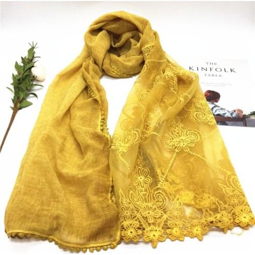Fashion viscose solid plain with flower lace elegant women scarf/scarves shawls muslim hijab wraps bandana pashmina 10pcs