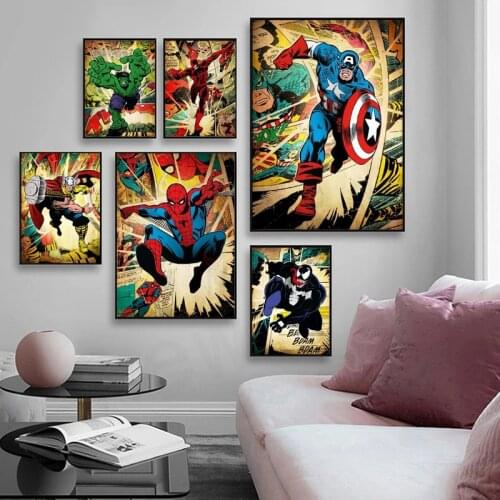 Marvel Spiderman Avengers Painting Superhero Comic Canvas Retro Poster Wall Art Pictures for Living Room Home Decoration Cuadros