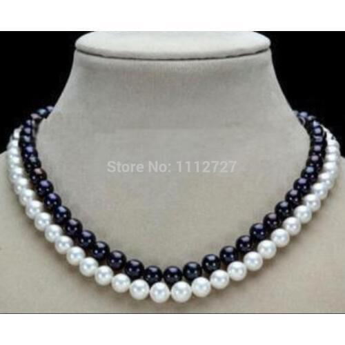 Charming 2 Row 7-8mm Black & White new Freshwater Shell Pearl Necklace Beads Jewelry Natural Stone 17-18"BV347 Wholesale Price