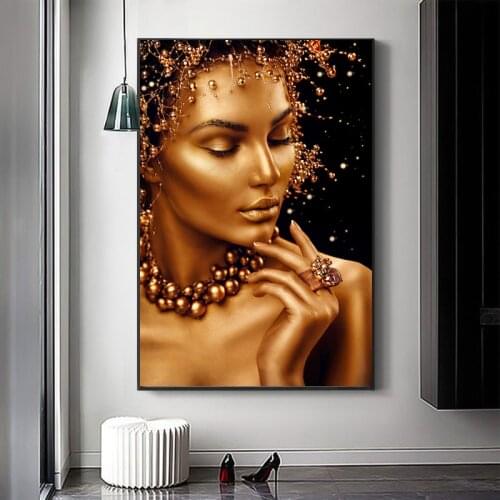 CFART Golden Black Africa Woman Canvas Prints Makeup Beauty Posters Canvas Poster And Print Wall Picture Living Room Print Art