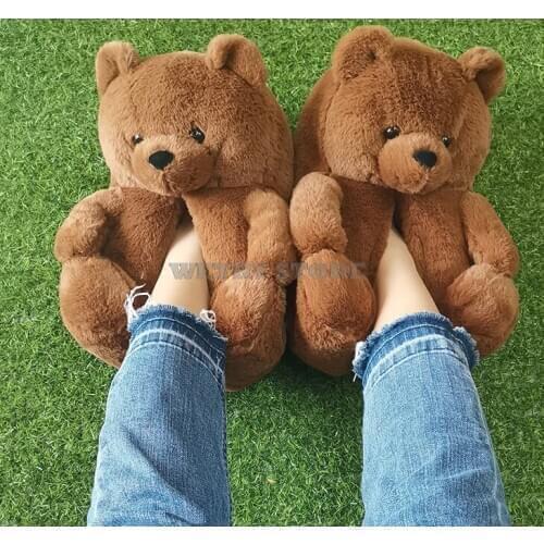 Teddy Bear Plush Slippers Bear home slippers cartoon slippers Winter Warm Furry Faux Fur Slides Woman Furry Flip Flop Shoes