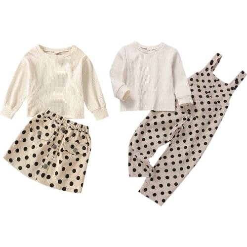 2 Pcs Infant Casual Outfits, Girls Solid Color Long Sleeve Round Neck Pullover + Dot Print Skirt/Overalls with Pocket