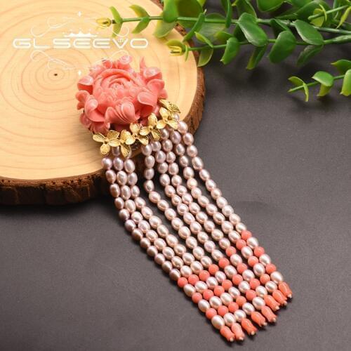 GLSEEVO Luxury Coral Flower Natural Fresh Water Pearl Tassel Brooches For Women Pendant Dual Use Fine Jewellery GO0040