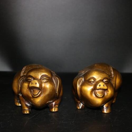 Home Christmas Decorations Gifts,Antique Collection Old Chinese Copper 1 Pair Pig Sculpture/Statue ,Height 7.5 CM,Long 14CM