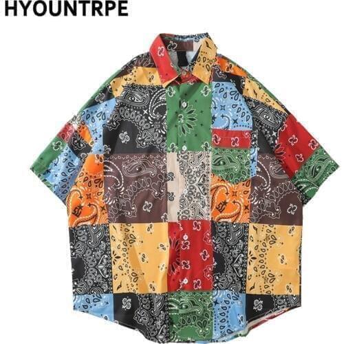 Men Fashion Patchwork Hawaiian Shirt Summer Casual Short Sleeve Turn Down Collar Vintage Tops Hip Hop Harajuku Streetwear Shirts