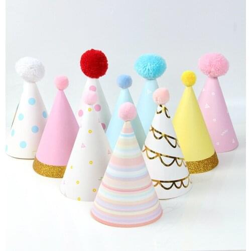 Colourful Party Star Pompom Cone Paper Diy Hat For Baby Children Kids Birthday Christmas Gift Headdress