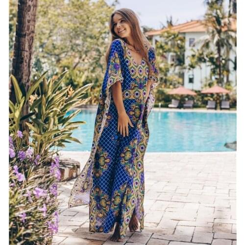 Blue boho print loose bikini cover up Summer Beach Dresses Cotton Tunic Women Beach Wear Swim Suit Cover Up Robe de plage Sarong