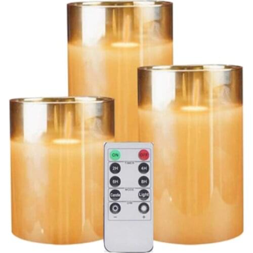 New Amber Glass LED Flameless Candles Flickering with Remote,Battery Operated,For Wedding,Festival Decorations,Gift,3 Pack