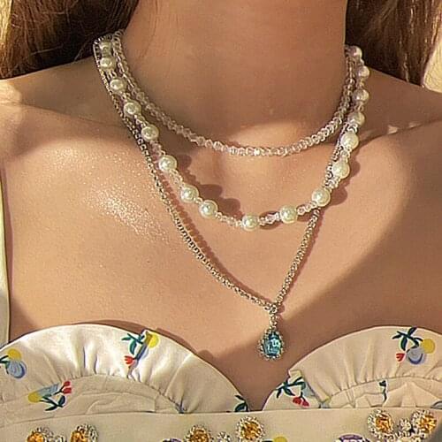Y2K Jewelry Shiny Blue Crystal Necklace for Women Beads Pearl 3cps Punk Vintage Harajuku Necklace Charms 90s Aesthetic New Gift