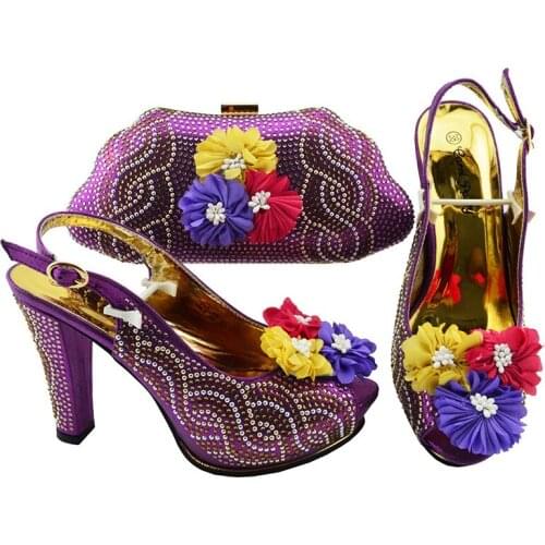 2021 Purple Color African Women Shoes and Bag Set Decorated with Rhinestone Italian Shoes with Matching Bag Set Italy Shoes
