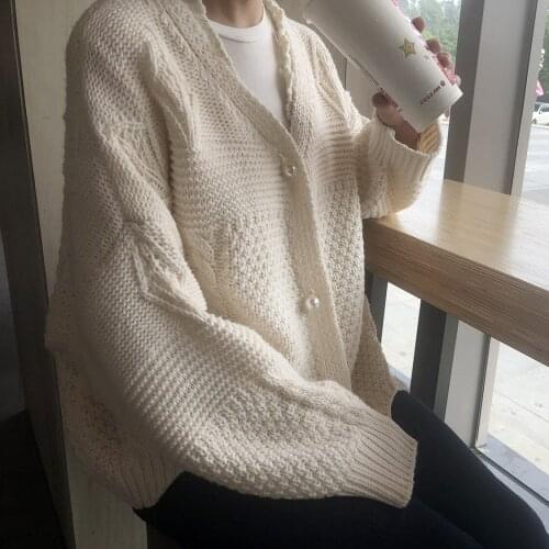 2020 Autumn Winter Korean Knitwear Jacket Korean Causal Solid Pull Femme Women Long Sleeve V-neck Sweater Coat Cotton Spandex