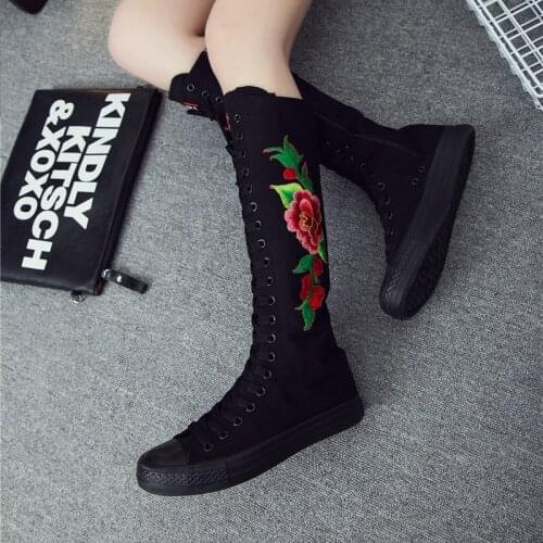2019 New Spring autumn Women Shoes Canvas Casual High Top Shoes Long Boots Lace-Up Zipper Comfortable Flat boots sneakers