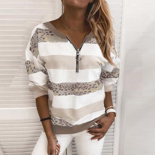 40#Women Striped Leopard Stitching Shirts Womens Zipper Oversized Loose Round Neck Coat Long Sleeve Blouse Pullover Tops