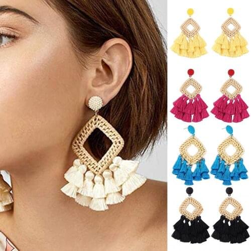 Boho Earrings Women Hollow Rhombus Rattan Woven Tassel Statement Dangle Stud Earrings Dangle Earrings Fashion Jewelry 2021