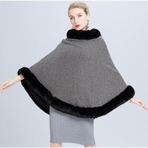 2020 Winter Faux Fox Fur Poncho Cape Fur Loose Pullover Women Long Big Pendulum Striped Sweater Soft Fur Neck Knitted Coat Shawl
