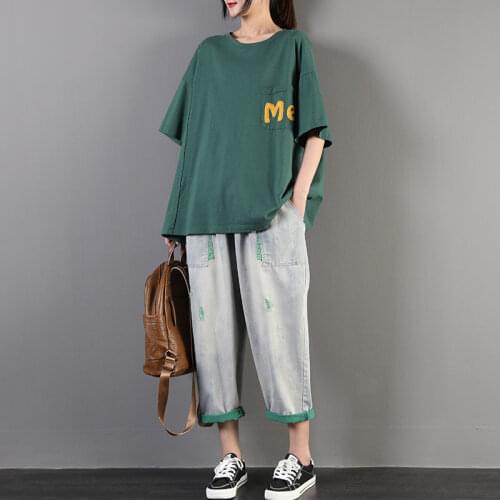 Summer Clothes for Women 2021 Fashion Two-piece Set O-neck Letter Print T Shirt Top + Jeans Suits Retro Casual Sets Femme X127