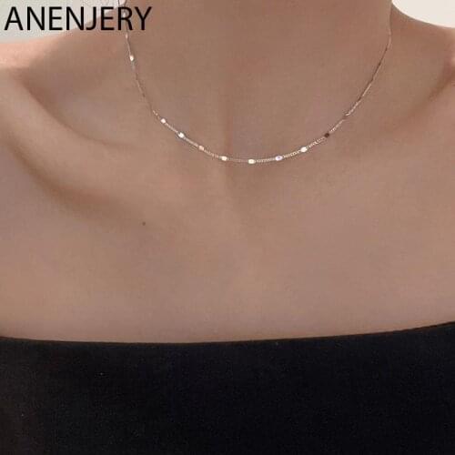 ANENJERY 925 Sterling Silver Bling Disc Necklace For Women Ins Simple All-Match Clavicle Chain Korean Daily Jewelry