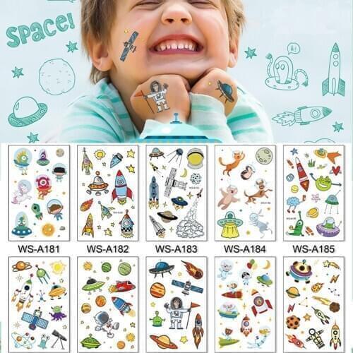 10 Kinds Space Tattoos Disposable Children Body Stickers Cartoon Astronauts Spaceship Planet Waterproof Temporary Face Makeup