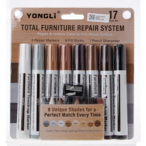 17Pcs Furniture Touch Up Kit Markers & Filler Sticks Wood Scratches Restore Kit