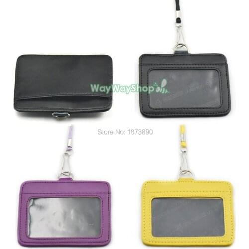2 pcs Genuine leather Card Badge Holder + 4 pcs Strap lanyard for reel clip ID Horizontal Purple Black Yellow choise