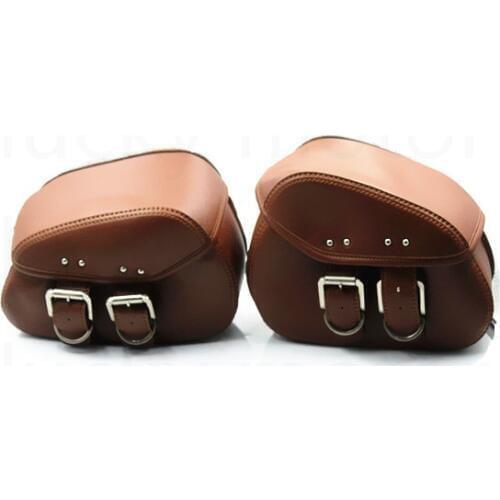 2Pcs Brown Universal Motorcycle Motorbike PU Leather Side Bag Saddle Bag