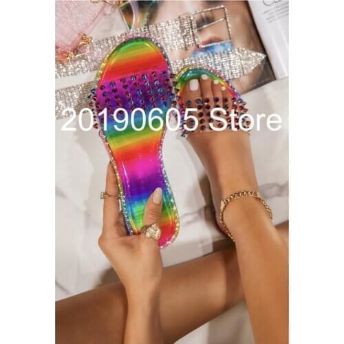 2021 Summer New Flat Sandals Fashion Rivet Open Toe Outdoor Slippers Beach Shoes Rhinestone Womens Shoes Plus Size 43