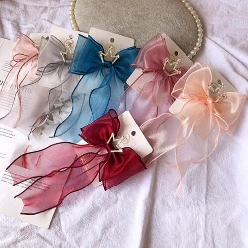 6pcs/lot Snow Yarn Streamer Hair Bows Accessories Crystal Crown Princess Hair Clip Tassel Mesh Girls Hairbow Birthday Hairpin