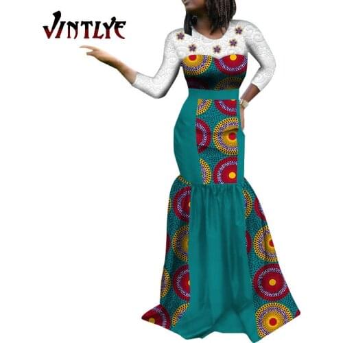 African Dresses for Women Patchwork Ankara Wax Floral Print Long Maxi Dresses with Lace Dashiki Robe Dress Boat Neck WY625