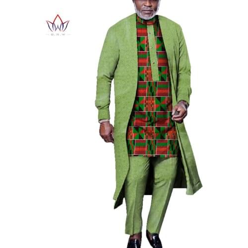 Bazin Riche Men 3 Pieces Pants Sets African Design Clothing African Clothes Casual Men Long Top Shirts and Pants Sets WYN925