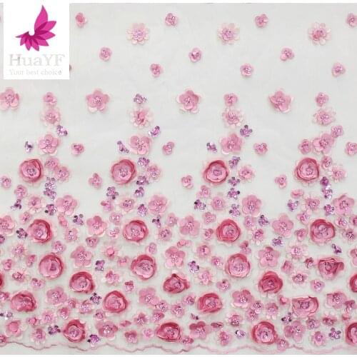 Free shipping Pink 3d Handmade Floral African French Net Lace Embroidered Fabric for Wedding lace with stones HY1633-1