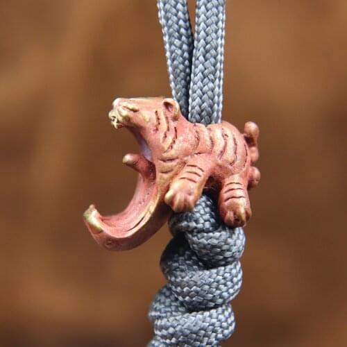 Big Mouth Tiger Knife Beads Brass Animal Keychain Lanyard Pendant Outdoor EDC Tool Paracord Umbrella Rope DIY Bracelet Accessory