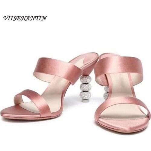 New open-toed satin high-heeled sandals summer fashion sexy beaded heel sandals and slippers women