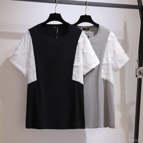 Big size hit color fake two-piece short-sleeved top all-match embroidery t-shirt summer new plus size womens clothing 6xl