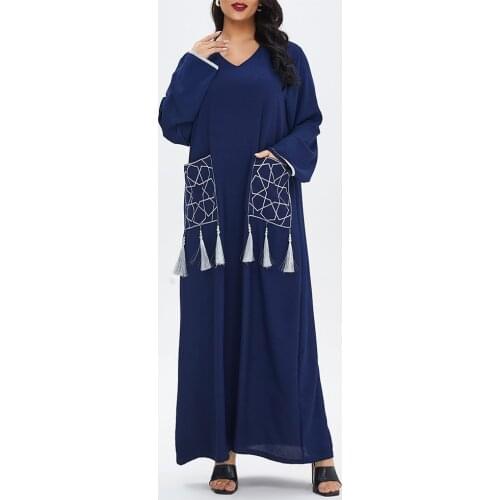 TREMU Blue V Neck Arabic Abaya Kimono For Women Fashion Muslim Islamic Dress Embroidery Tassel Prayer Clothes Robe Musulma