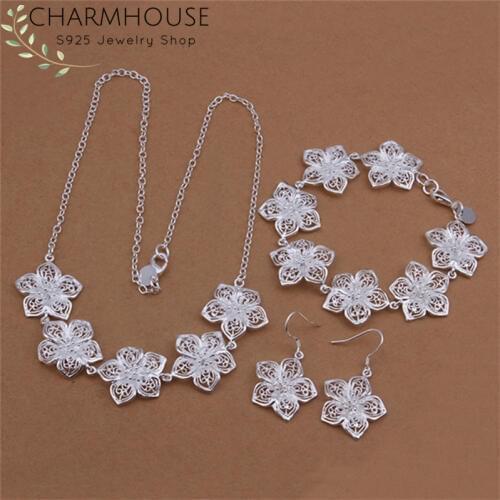 Charmhouse Pure Silver Jewellery Sets For Women Flower Bracelet Earrings Necklace 3pcs Wedding Jewelry Accessory Wholesale Gifts