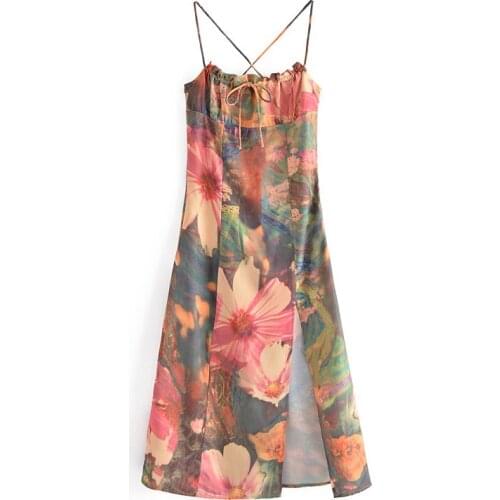 Summer Women Beach Floral Printed Spaghetti Strap Dresses Sleeveless Backless Bow Tie Dresses Female Sexy Split Sundress