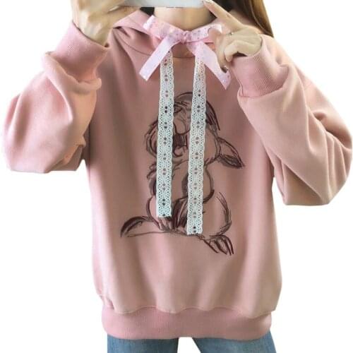 Cartoon Cute Japanese Winter Korean Plus Velvet Women Hoodie Girl Sweatshirt Print Harajuku Rabbit Lace Bow Female Pullover