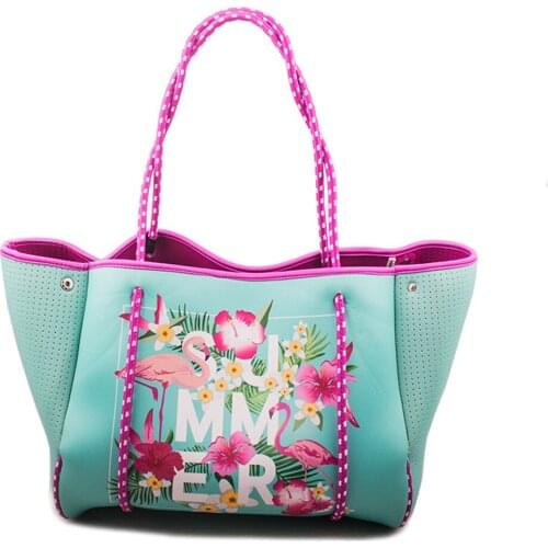 Neoprene Beach Bag Large Capacity Womens Bag Floral And Flamingo Pattern Female Tote Bag Luxury Design Handbag Outdoor Shopper