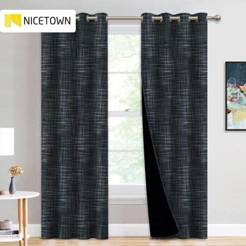 NICETOWN 2 Layers 100% Best Blackout Grommet Top Complex Grid Thin Lines Pattern Thick Thermal Insulated Blackout Curtain