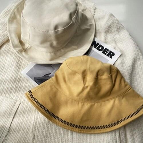 New Cotton And Linen Personalized Sewing Large-Brimmed Fishermens Cap Women With Simple Pure-Color Embroidered Basin Cap