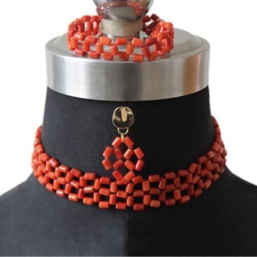 Jewelry set Orange 100% Genuine African Coral Beads Necklace Women Choker Set With Earrings And Bracelet 2020 Newest Design