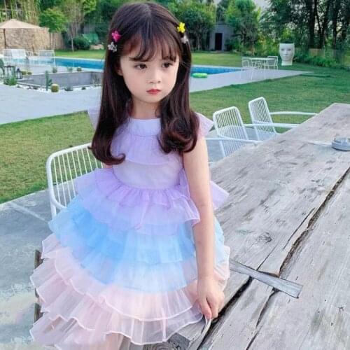 Girls Rainbow Mesh Cake Dress Summer Flower Girl Dresses for Weddings Pink Dress Girls Clothes