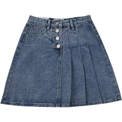 Retro asymmetrical breasted washed blue summer high-waisted denim skirt