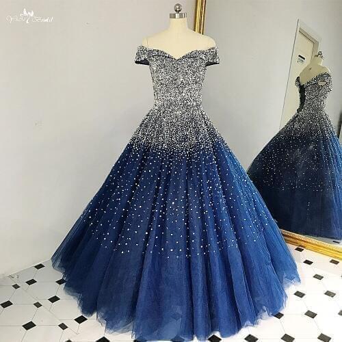 RSE848 Stunning Navy Blue Ball Gown Bling Bling Silver Beads Shining Long Vestidos Festa Formal Gowns Off Shoulder Prom Dress