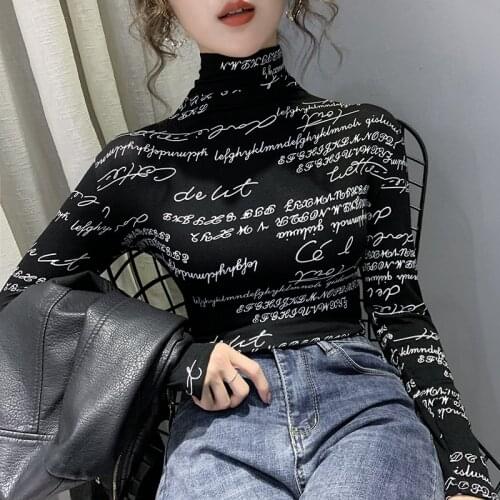 Spring Autumn High-neck bottoming shirt Fashion Women Tops Stretch Long-sleeve Letter Printed T-shirt Blusa