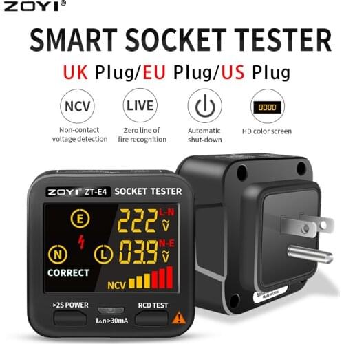 ZOYI Digital Socket Tester EU/US/UK Plug LCD Phase sequence/Non-contact voltage Detector Smart Outlet checker Home circuit check